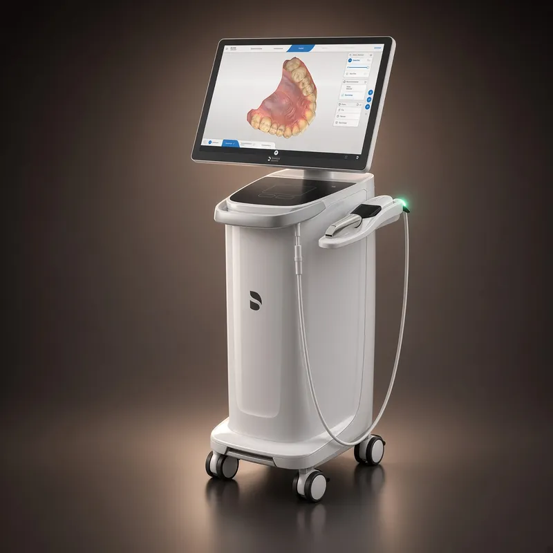 Intraoralscanner mit Bildschirm, auf dem ein digitaler Kieferabdruck zu sehen ist