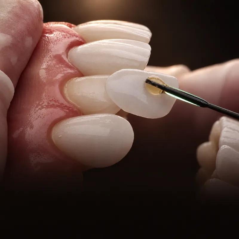 Veneer aus Keramik wird mit einem Instrument an einem Zahnmodell angesetzt
