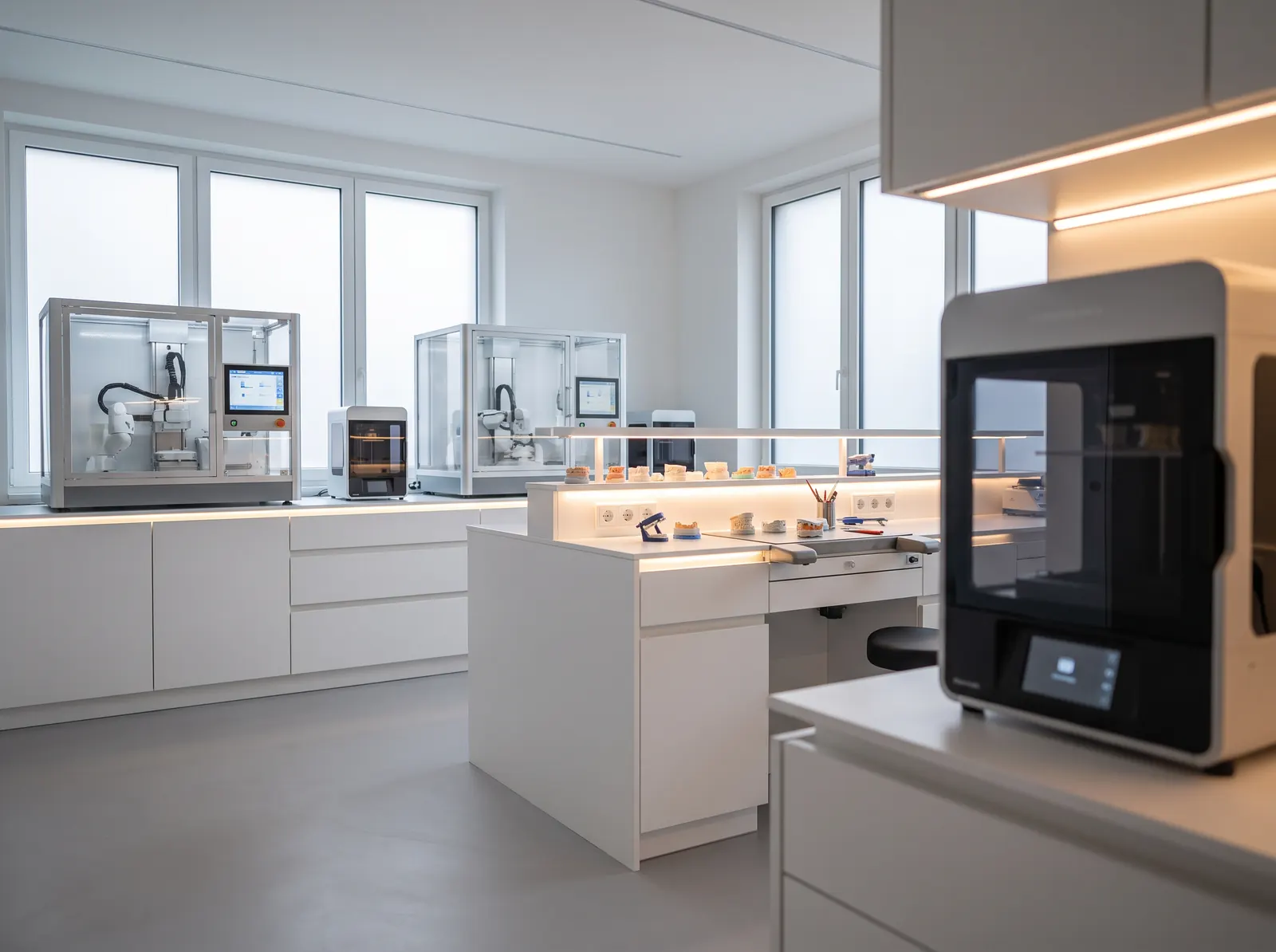 Modernes Zahntechnisches Meisterlabor mit Fräsmaschinen und 3D-Druckern